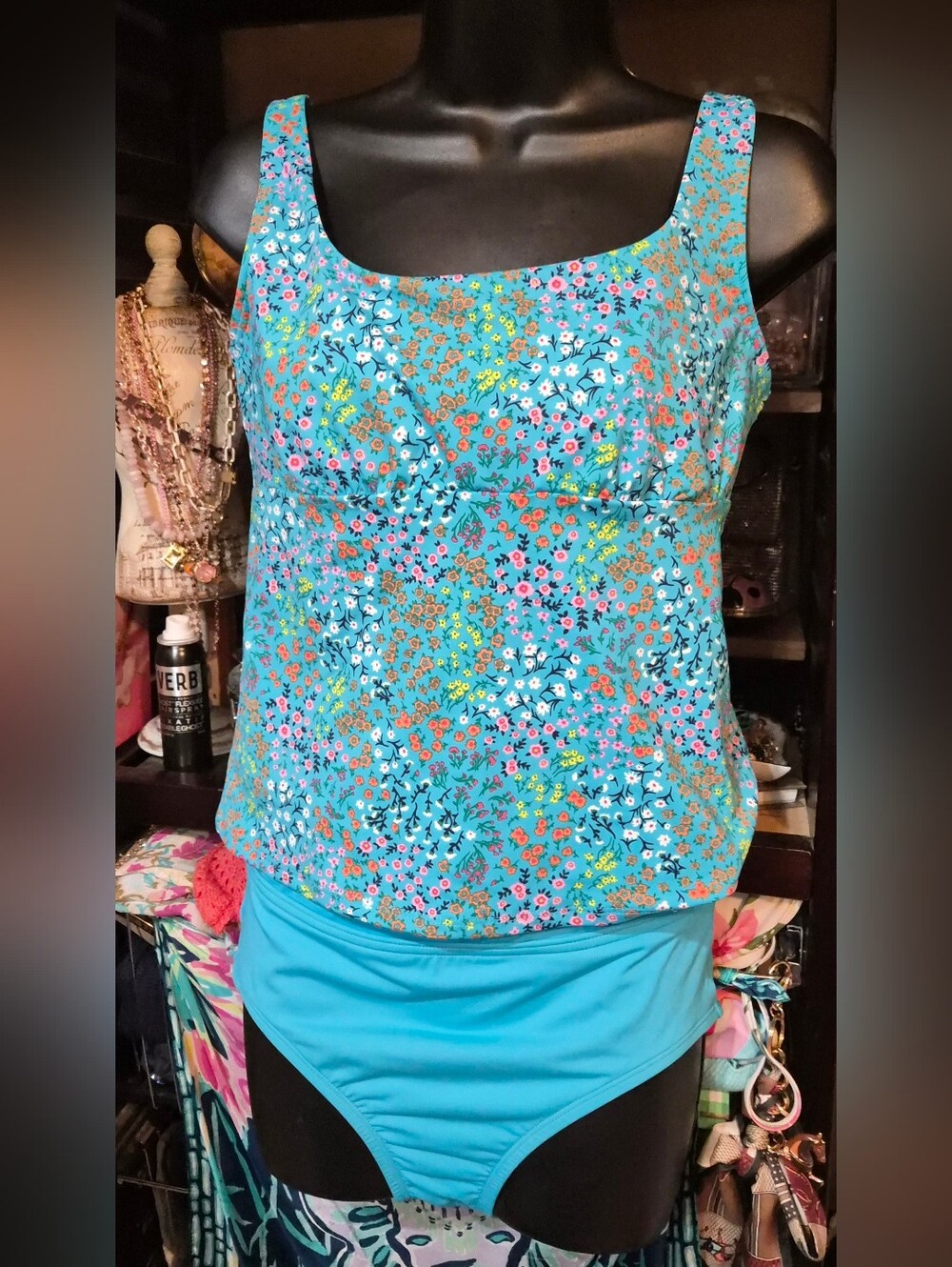 Lands End Square Neck Tankini Top/ Bottom Size 6D Turquoise Mini Floral Swimsuit